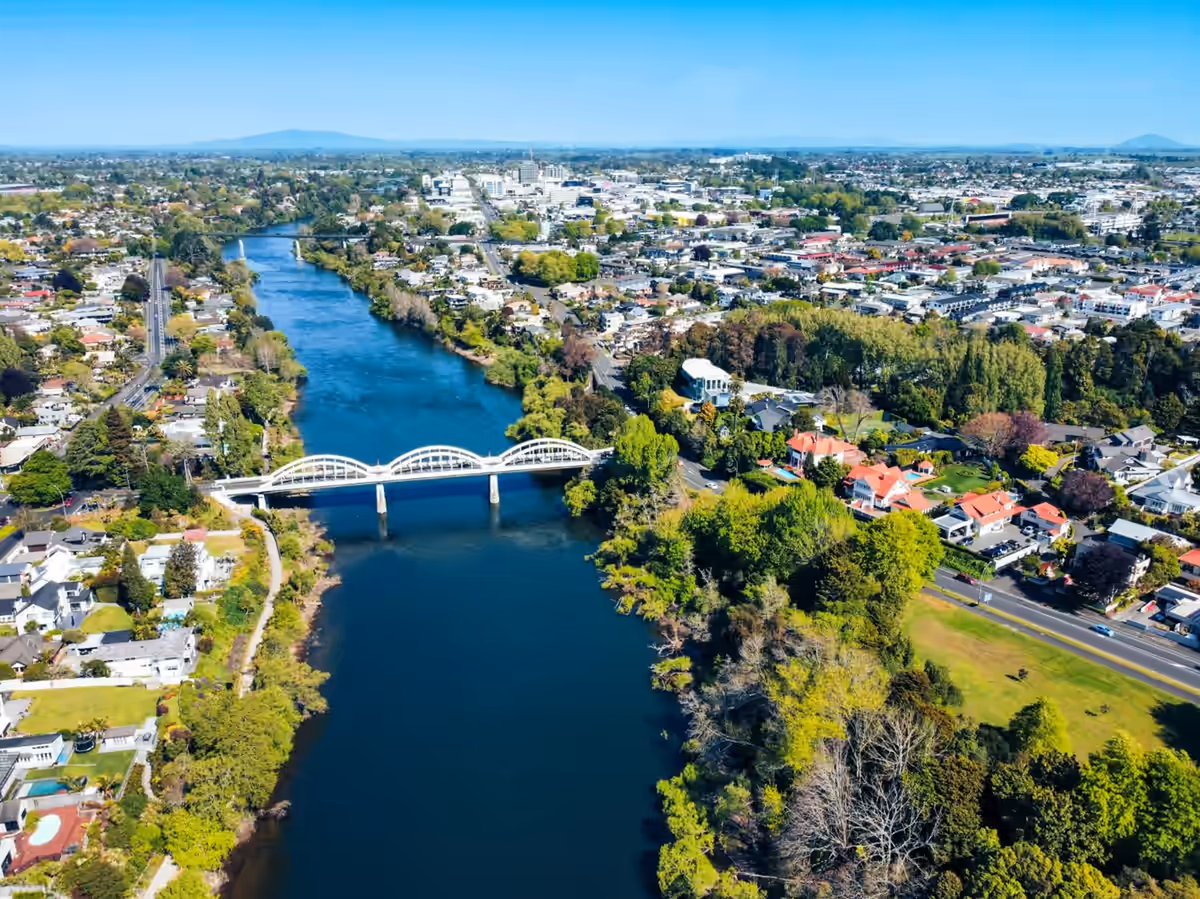 Aerial view of Hamilton city and the Waikato River, Waikato, New Zealand